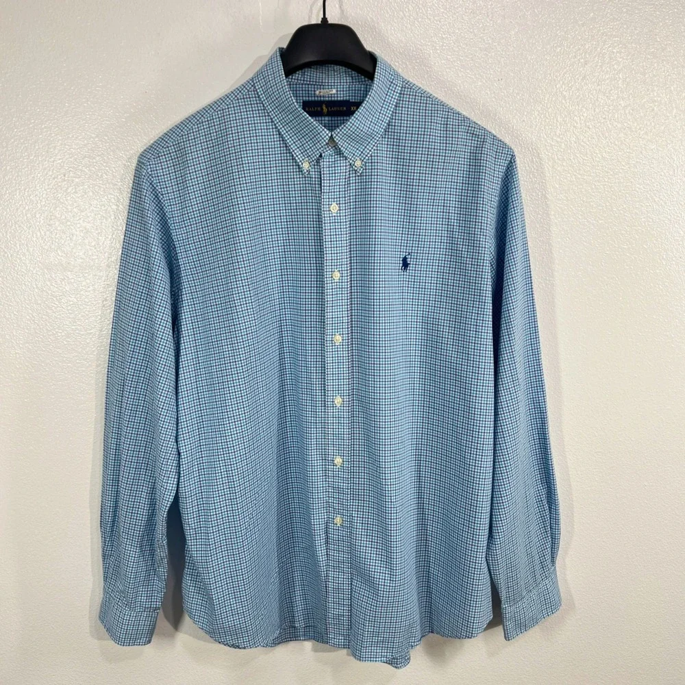 Polo Ralph Lauren Custom Fit Stretch Poplin Shirt Men XXL Blue White Gingham